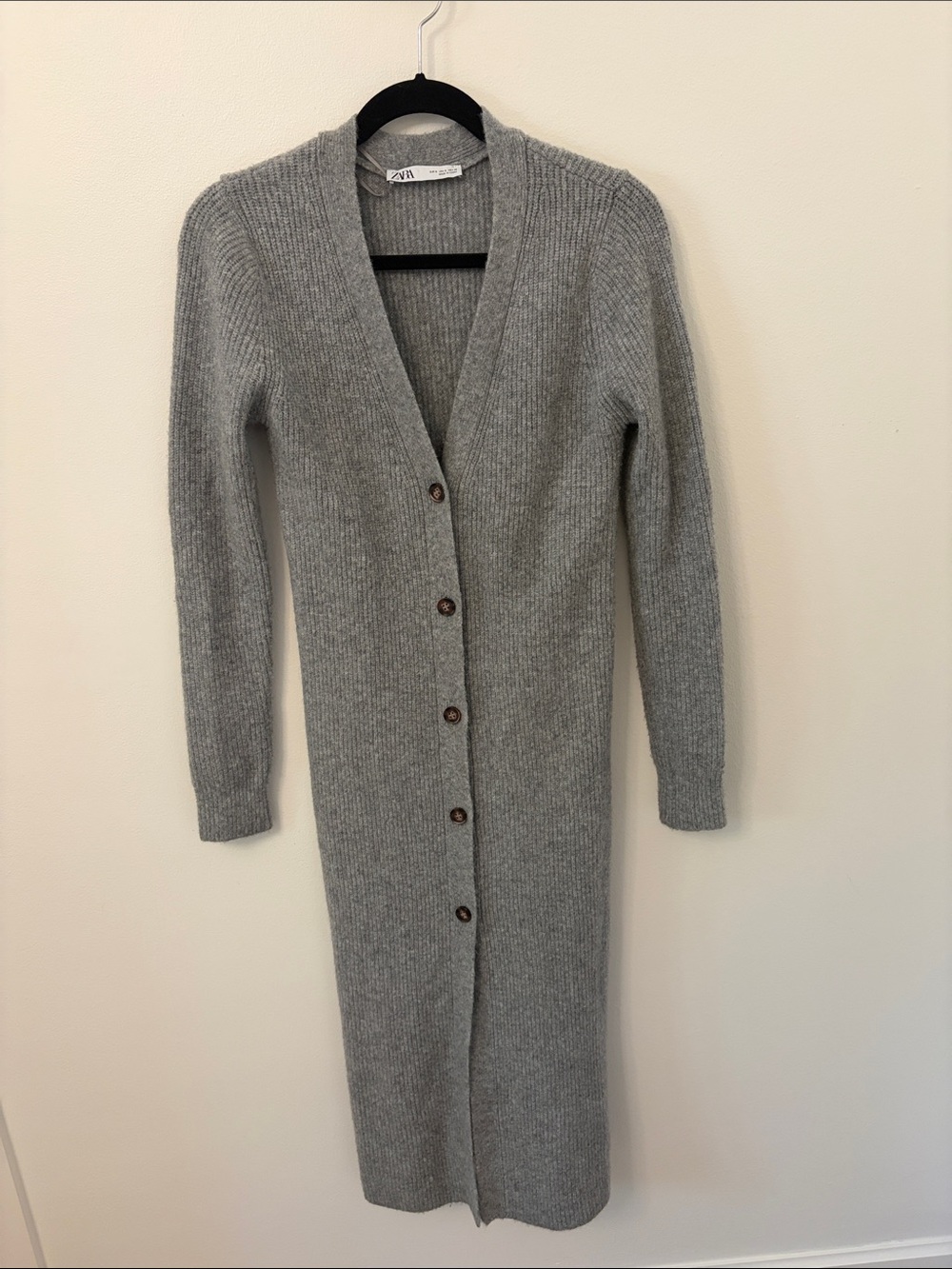 Zara Gray Long Ribbed Button-Front Cardigan Dress